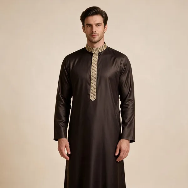 Brown_Tr_Fabric_Regular_Embroidery_Thobe_For_Men