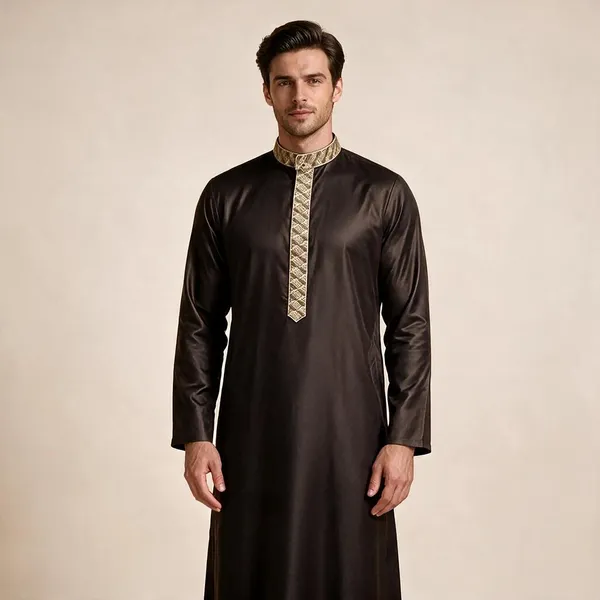 Brown_Tr_Fabric_Regular_Embroidery_Thobe_For_Men