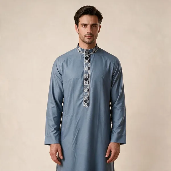 Blue_Tr_Fabric_Regular_Embroidery_Thobe_For_Men