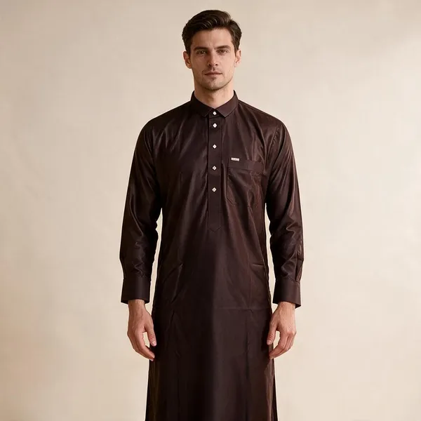 Brown_Tr_Fabric_Double_Collar_Kali_Raheb_Thobe_For_Men