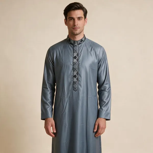 Grey_Tr_Plain_Regular_Embroidery_Thobe_For_Men