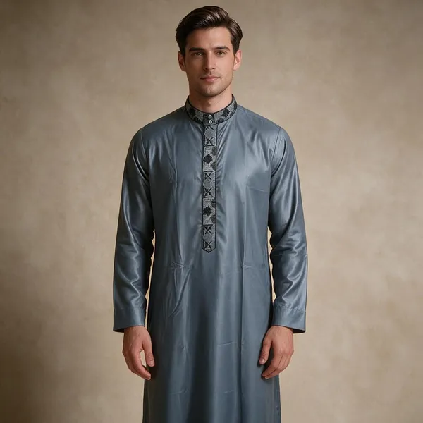 Grey_Tr_Plain_Regular_Embroidery_Thobe_For_Men