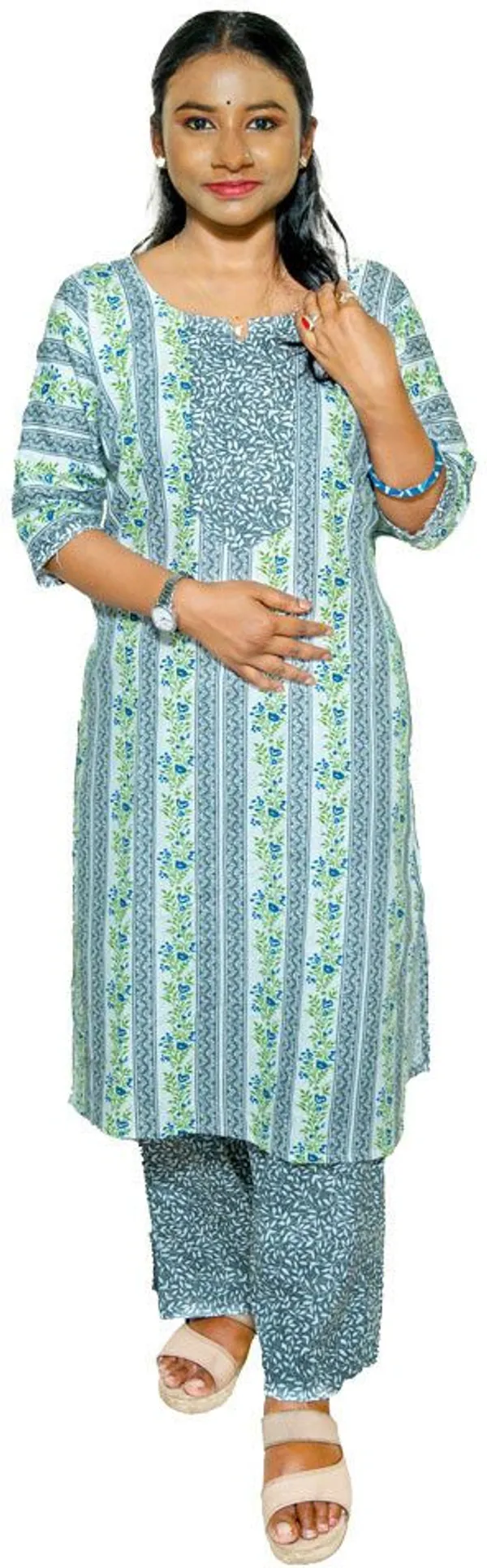 elons_Women_Floral_Print\_Printed\_Striped_Straight_Kurti_(Blue)