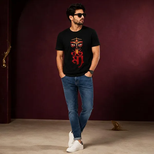 Avasthita_Graphic_Print\_Typography\_Solid_Men_Round_Neck_Black\_Red_T-Shirt