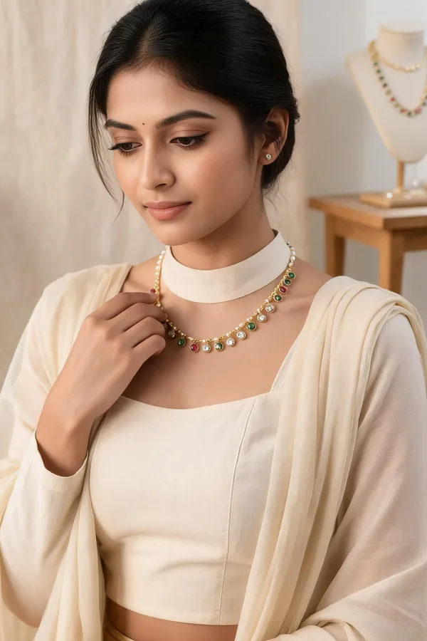 Green_Pink_Cz_Stone_Gold_Tone_Chain_Necklace_For_Women