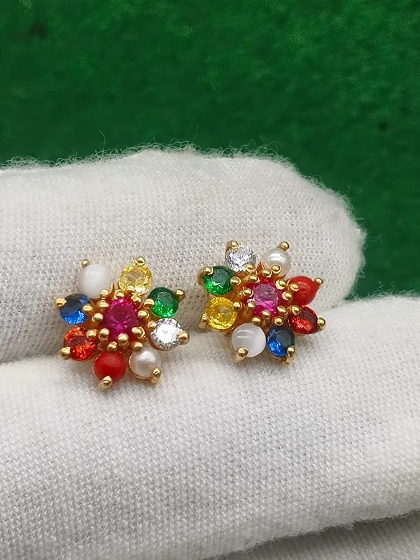 925_silver_22k_gold_plared_navratan_Floral_Stud_Earrings_for_Women