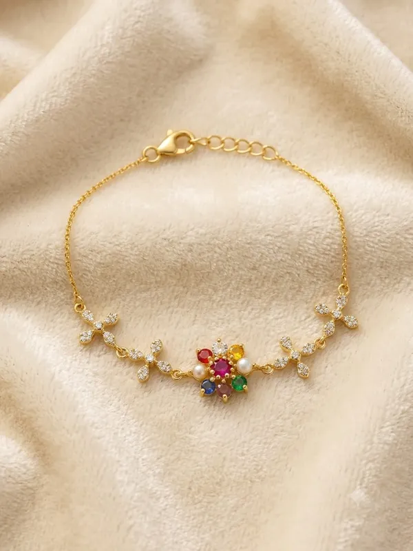 Stylish_925_Silver_22k_Gold_Plated_Navratan_Floral_Pendant_Bracelet_For_Women