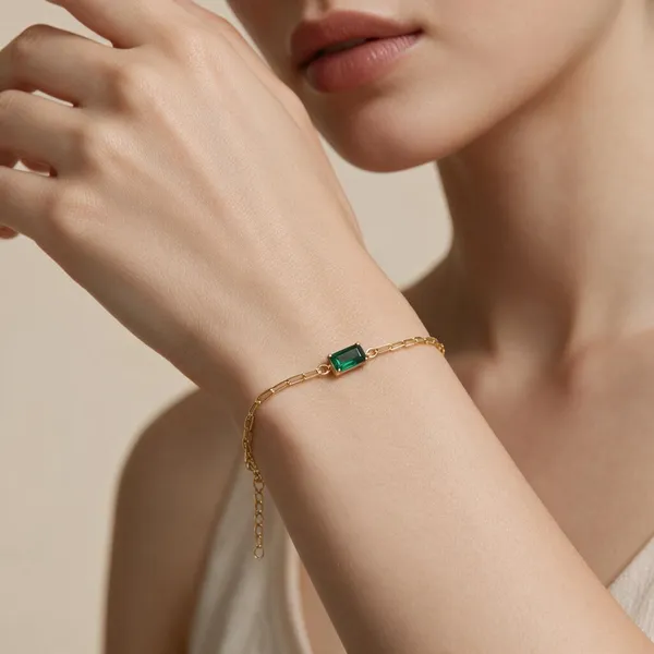 22K_Gold_Plated_92.5_Sterling_Silver_Green_Stone_Chain_Bracelet_For_Women