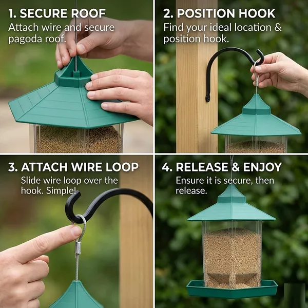 Hut_Shaped_Bird_Feeder_With_Transparent_Grain_Holder_With_Hanging_Wire_Green_Green