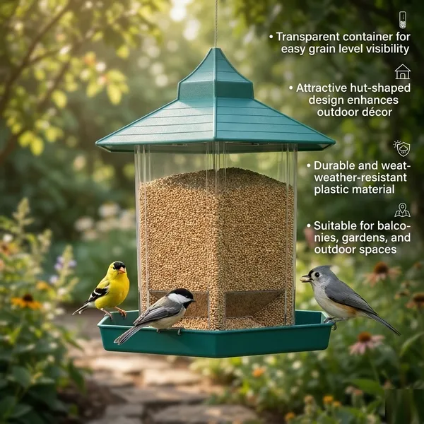 Hut_Shaped_Bird_Feeder_With_Transparent_Grain_Holder_With_Hanging_Wire_Green_Green