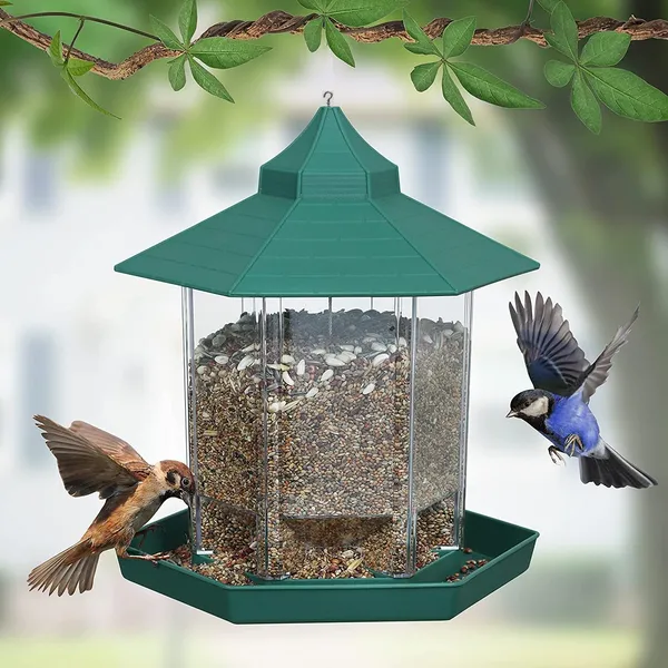 Hut_Shaped_Bird_Feeder_With_Transparent_Grain_Holder_With_Hanging_Wire_Green_Green
