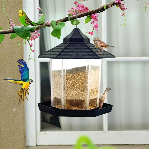 Hut_Shaped_Bird_Feeder_With_Transparent_Grain_Holder_With_Hanging_Wire_Green_Gray