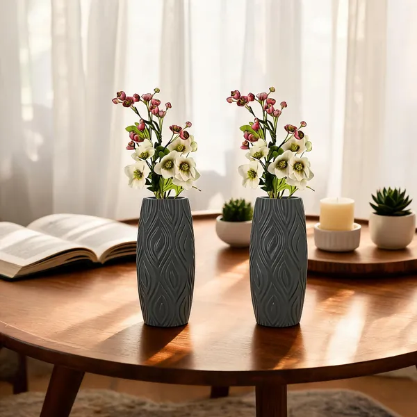 9_Inch_23_Cm_Eiffel_Flower_Vases_Decorative_Cylindrical_Tabletop_Holders_Set_Of_2_Gray