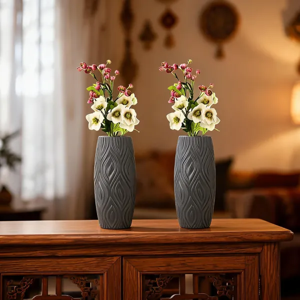 9_Inch_23_Cm_Eiffel_Flower_Vases_Decorative_Cylindrical_Tabletop_Holders_Set_Of_2_Gray