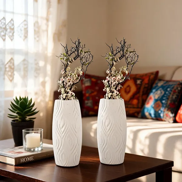 9_Inch_23_Cm_Eiffel_Flower_Vases_Decorative_Cylindrical_Tabletop_Holders_Set_Of_2_White