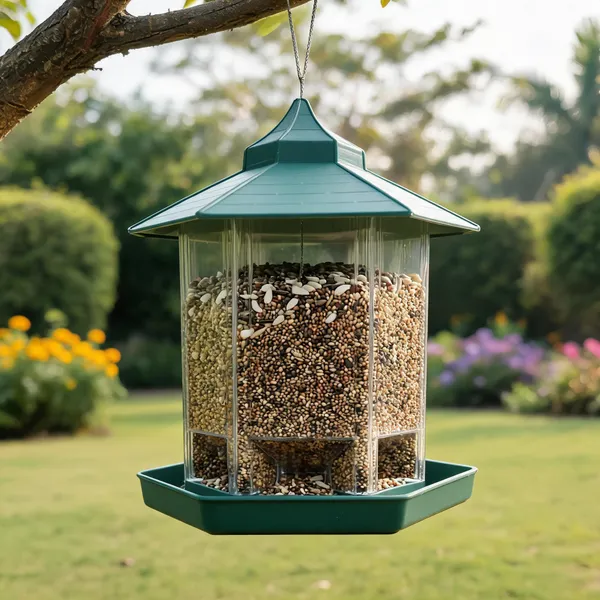 Hut_Shaped_Bird_Feeder_With_Transparent_Grain_Holder_With_Hanging_Wire_Green