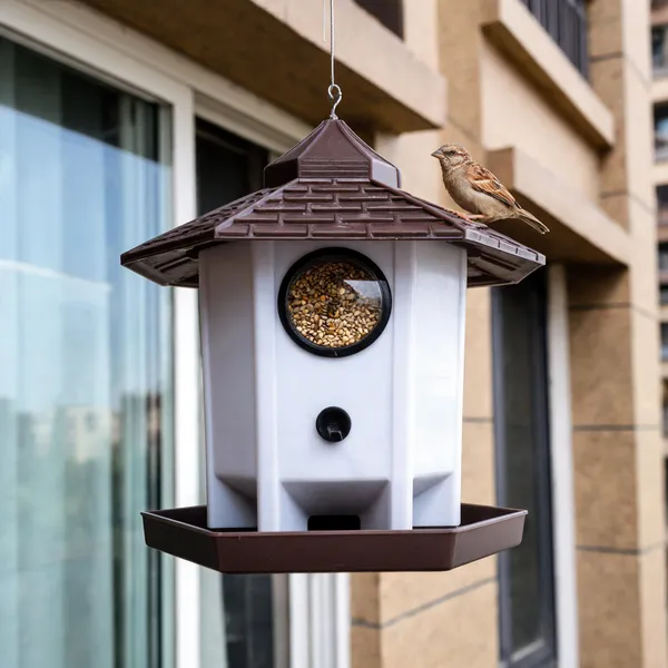 Hut_Shaped_Bird_Feeder_With_Transparent_Grain_Holder_With_Hanging_Wire_Brown
