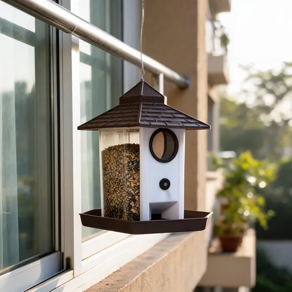 Hut_Shaped_Bird_Feeder_With_Transparent_Grain_Holder_With_Hanging_Wire_Brown
