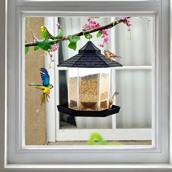 Hut_Shaped_Bird_Feeder_With_Transparent_Grain_Holder_With_Hanging_Wire_Gray