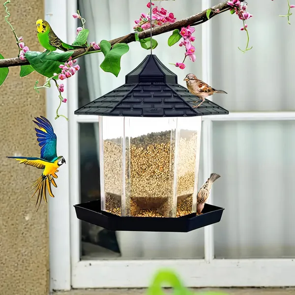 Hut_Shaped_Bird_Feeder_With_Transparent_Grain_Holder_With_Hanging_Wire_Gray