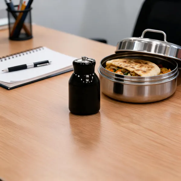 Black_Stainless_Steel_And_Plastic_Lid_Mini_Flask_For_Hot/Cold_Beverage_Storage,_Travel