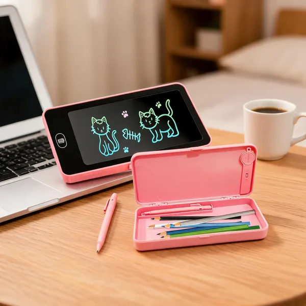 Pink_Plastic_And_Lcd_Screen_And_Electronic_Components_Pencil_Case_For_Writing,_Drawing,_School_Use
