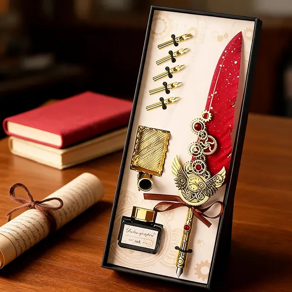 Red_Feather_And_Plastic_And_Glass_Ink_Bottle_Quill_Pen_Set_For_Writing,_Decoration,_Gifting
