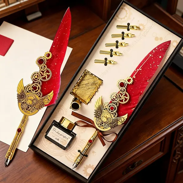 Red_Feather_And_Plastic_And_Glass_Ink_Bottle_Quill_Pen_Set_For_Writing,_Decoration,_Gifting