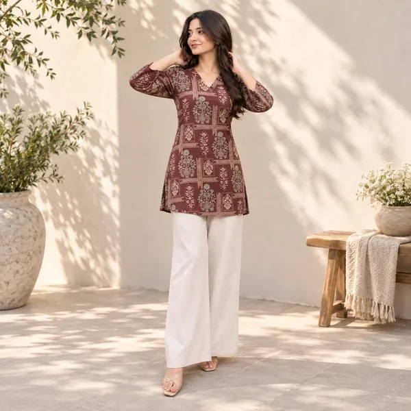 Brown_Cambric_Printed_Short_Top_For_Women