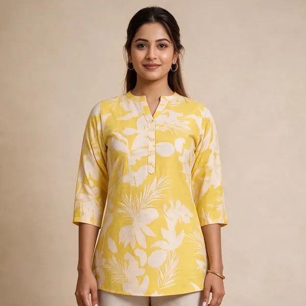 Yellow_Bamboo_Silk_Floral_Print_Short_Top_For_Women