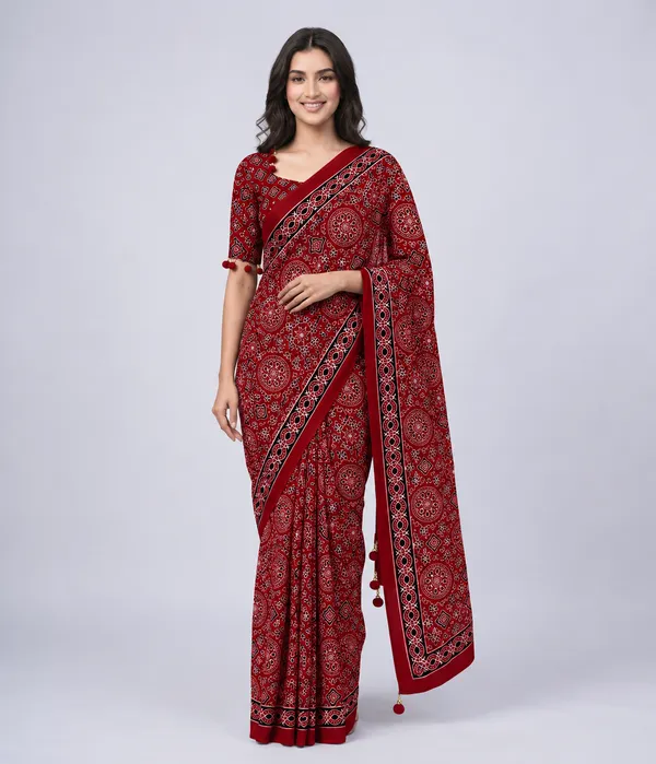 Red_Printed_Traditional_Saree_For_Women