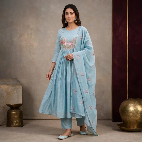 Blue_Chanderi_Silk_Flared_Kurta_Set_For_Women
