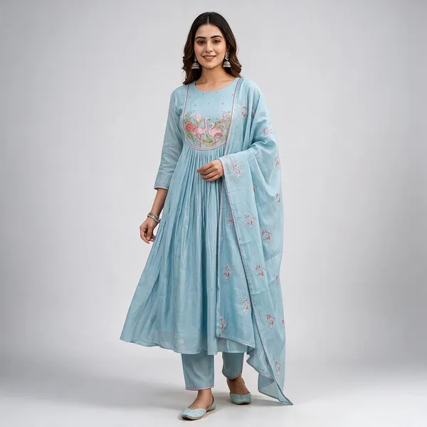 Blue_Chanderi_Silk_Flared_Kurta_Set_For_Women