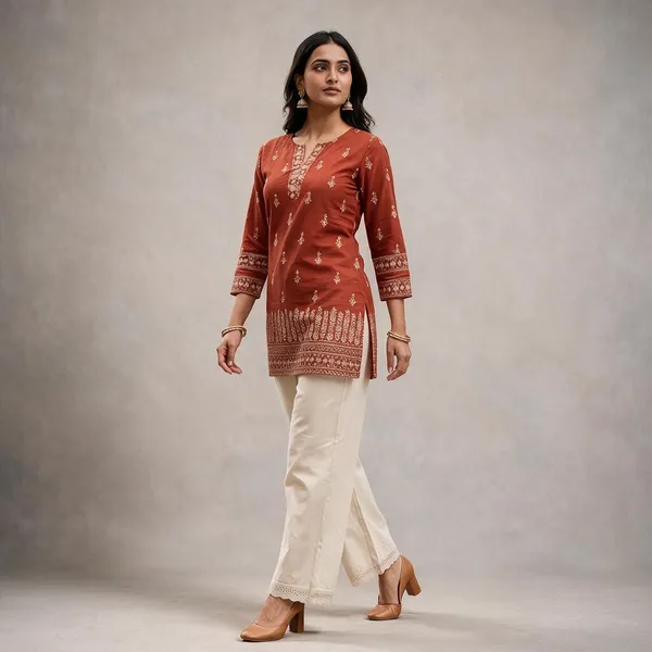 Rust_Poly_Dabu_Cotton_Printed_Straight_Kurta_For_Women