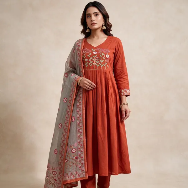 Rust_Cambric_Cotton_Flared_Kurti_Set_For_Women