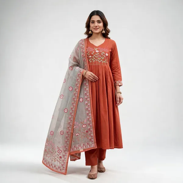 Rust_Cambric_Cotton_Flared_Kurti_Set_For_Women