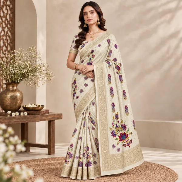 Cream_Floral_Print_Saree_With_Blouse_Piece_For_Women