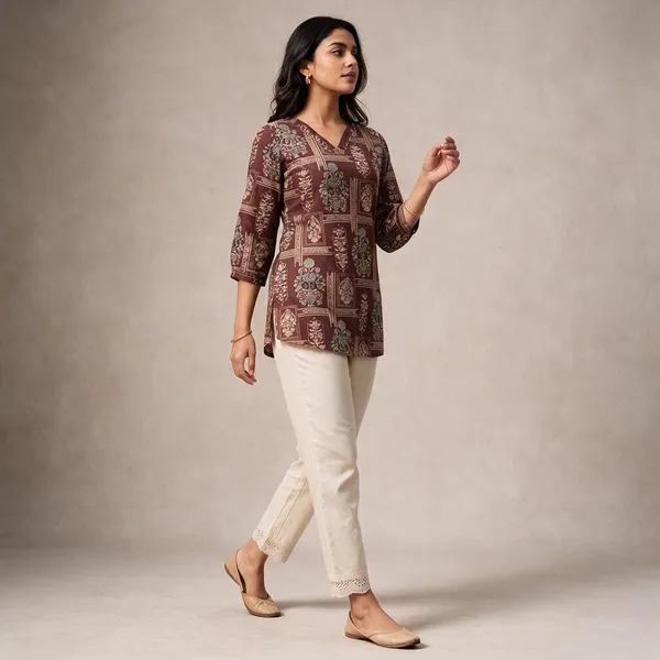 Brown_Cambric_Printed_Short_Top_For_Women