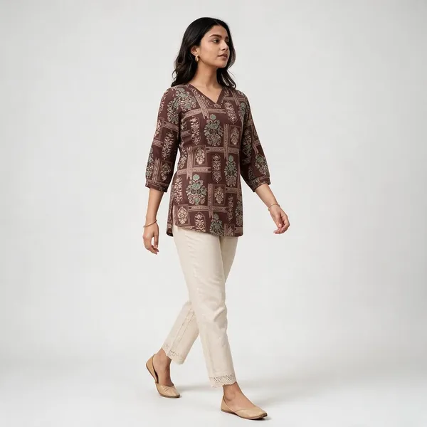 Brown_Cambric_Printed_Short_Top_For_Women