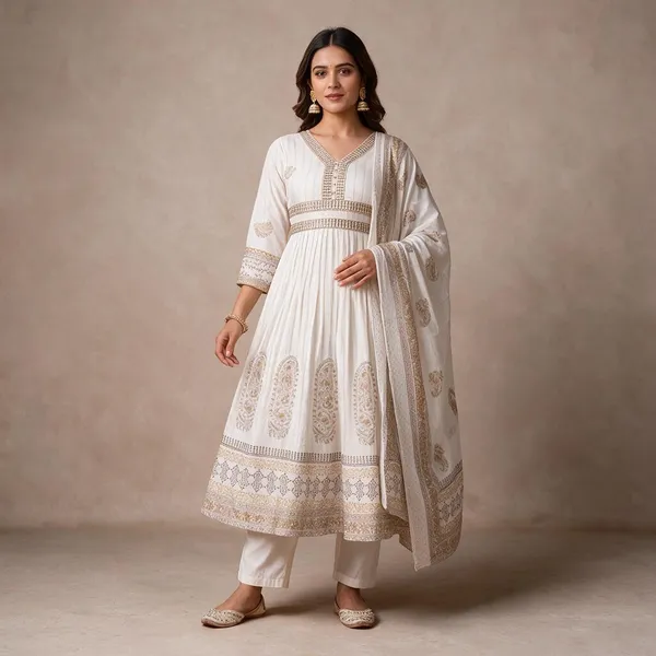 White_Handloom_Cotton_Flared_Kurta_Set_For_Women