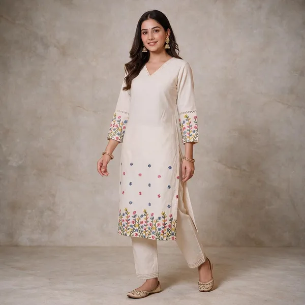 Cream_Flex_Cotton_Embroidered_Kurti_Pant_Set_For_Women