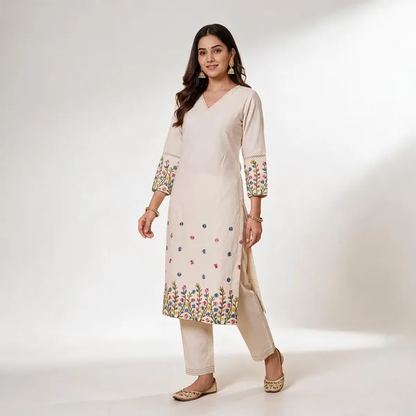 Cream_Flex_Cotton_Embroidered_Kurti_Pant_Set_For_Women