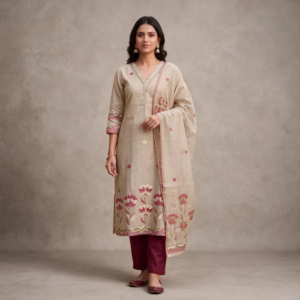 Beige_Jamdani_Straight_Kurta_Pant_Dupatta_Set_For_Women