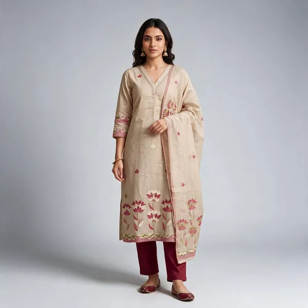 Beige_Jamdani_Straight_Kurta_Pant_Dupatta_Set_For_Women