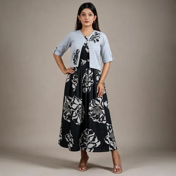 Grey_Poly_Cotton_Flared_Kurti_With_Jacket_For_Women