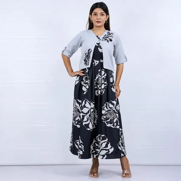 Grey_Poly_Cotton_Flared_Kurti_With_Jacket_For_Women