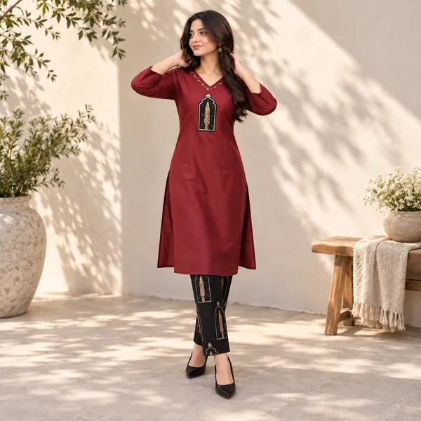 Maroon_Dabu_Cotton_A-Line_Kurti_Set_For_Women