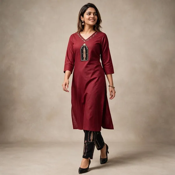 Maroon_Dabu_Cotton_A-Line_Kurti_Set_For_Women