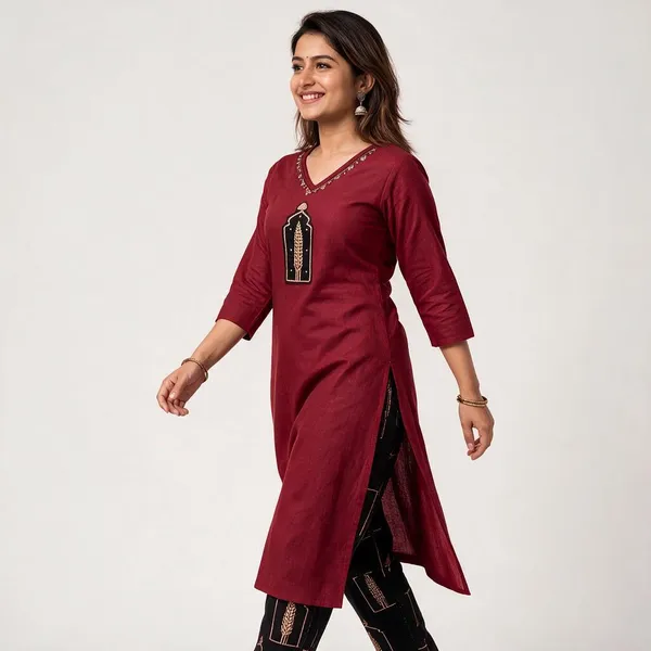 Maroon_Dabu_Cotton_A-Line_Kurti_Set_For_Women