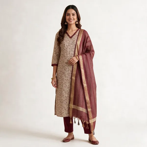 Beige_Handloom_Cotton_Printed_Kurta_Set_For_Women